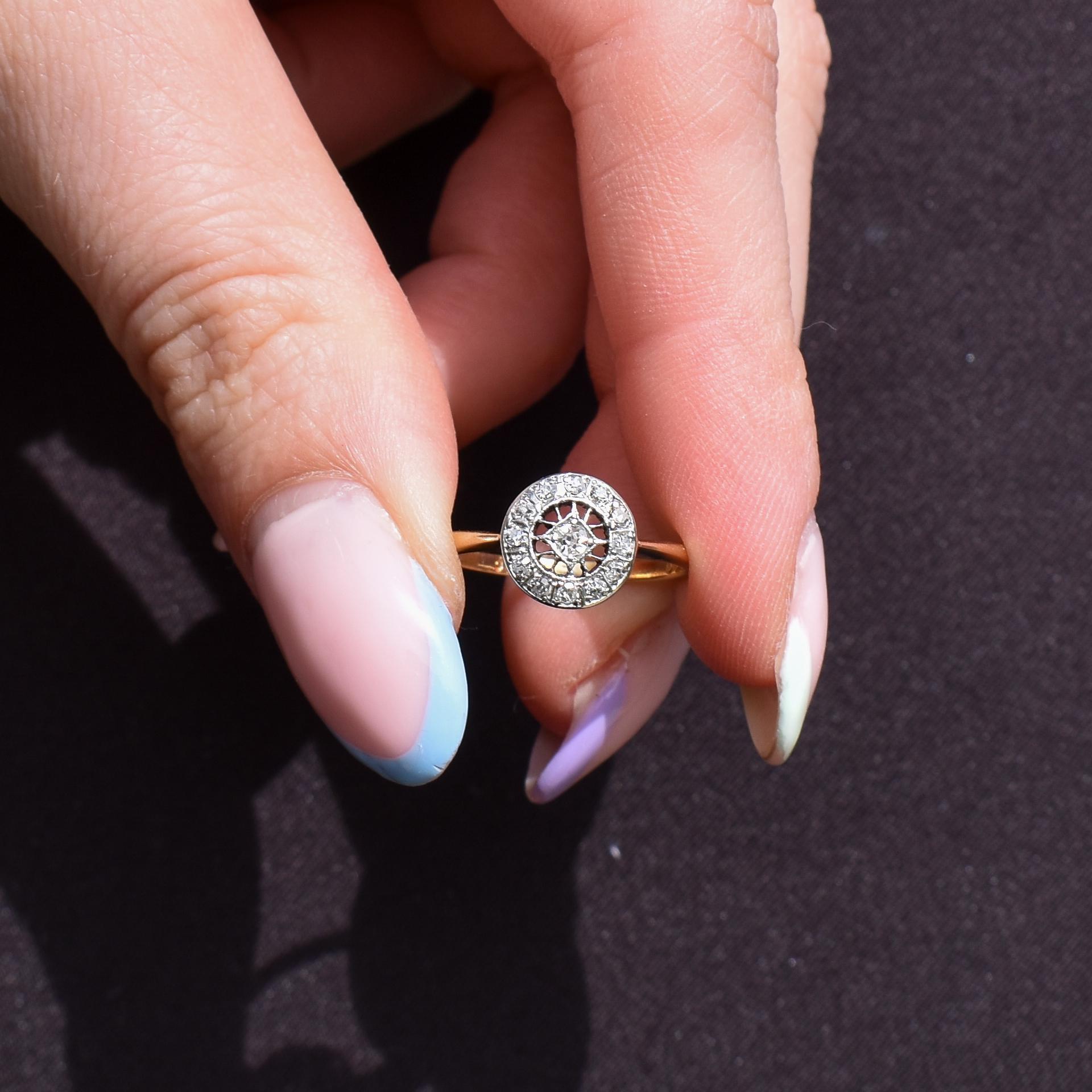 Antique Diamond Cluster Daisy 18ct Gold and Platinum Target Ring