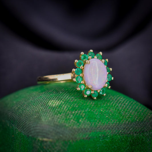 Opal and Emerald Halo Cluster 9ct Yellow Gold Ring