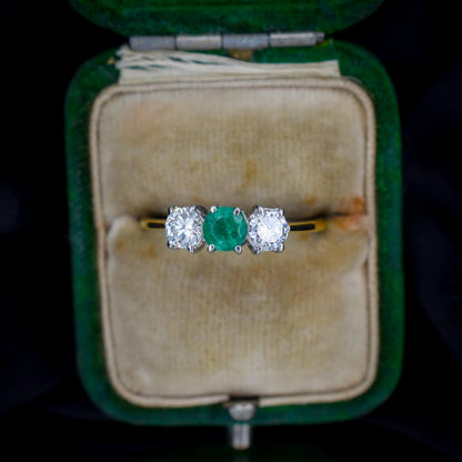 Vintage Emerald and Diamond Three Stone 18ct Gold Ring | 0.50ct Diamond