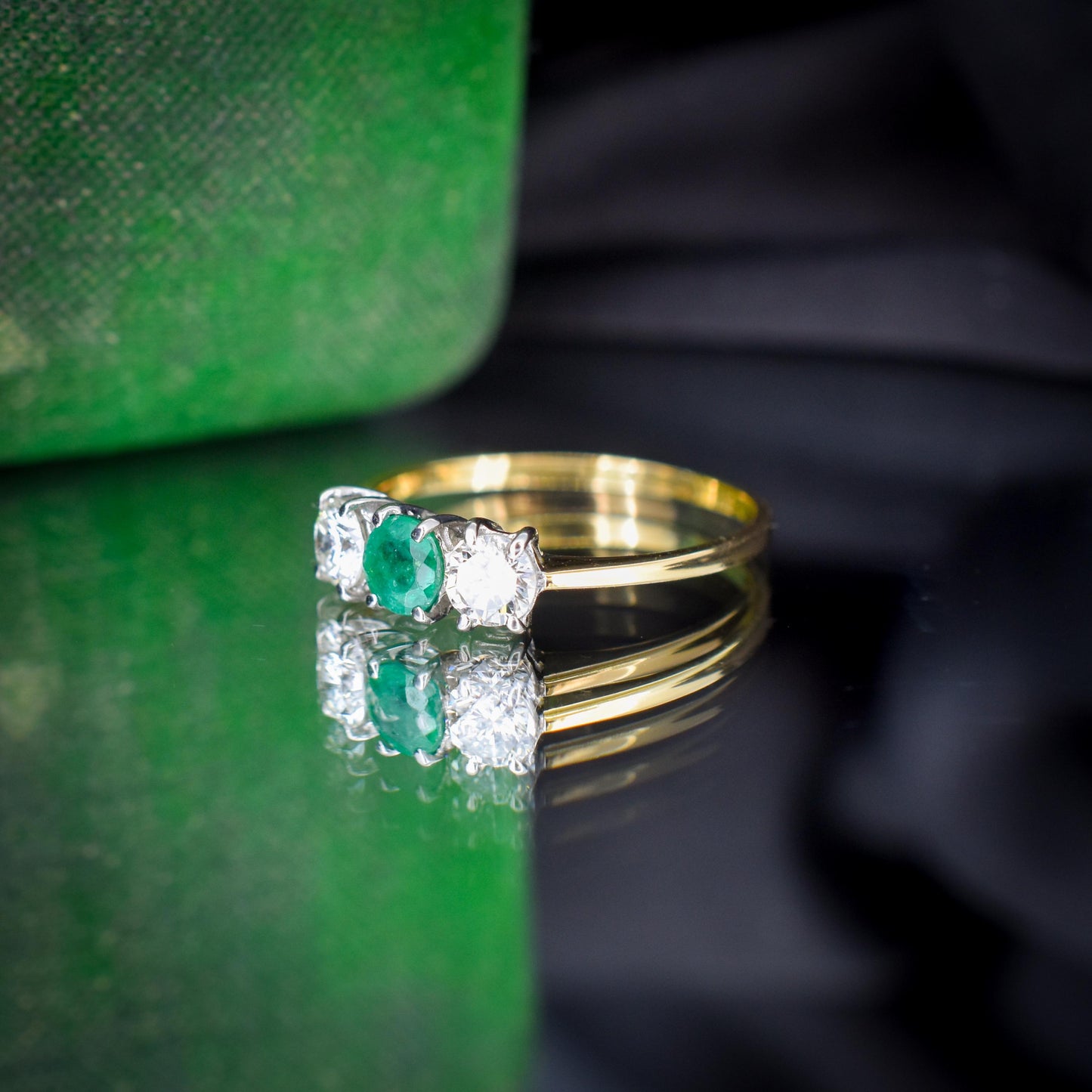 Vintage Emerald and Diamond Three Stone 18ct Gold Ring | 0.50ct Diamond