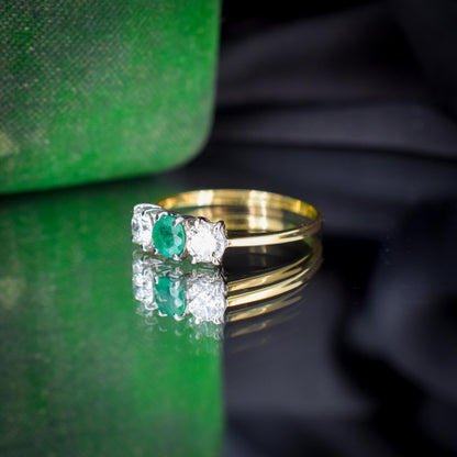 Vintage Emerald and Diamond Three Stone 18ct Gold Ring | 0.50ct Diamond