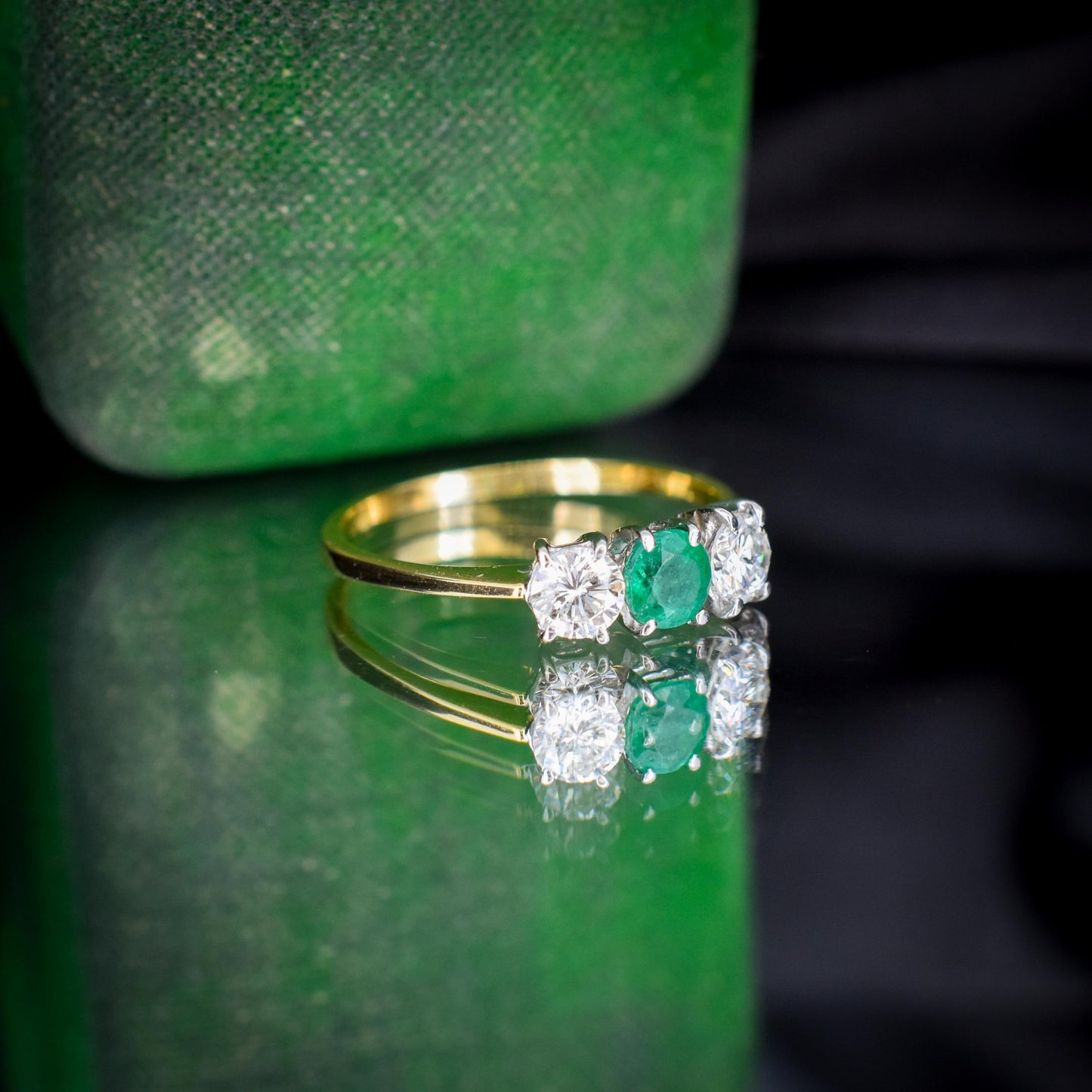 Vintage Emerald and Diamond Three Stone 18ct Gold Ring | 0.50ct Diamond