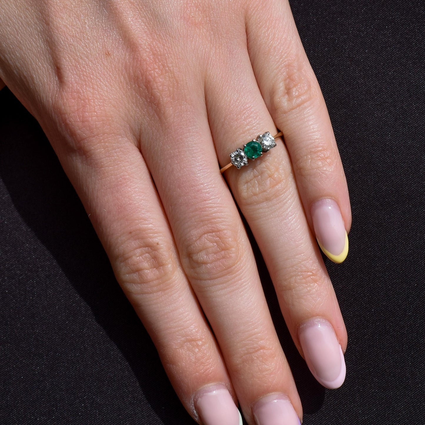 Vintage Emerald and Diamond Three Stone 18ct Gold Ring | 0.50ct Diamond
