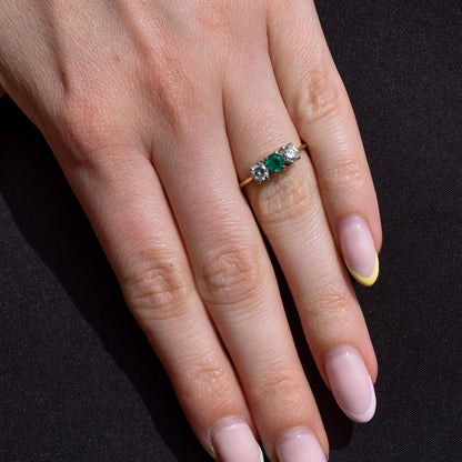 Vintage Emerald and Diamond Three Stone 18ct Gold Ring | 0.50ct Diamond