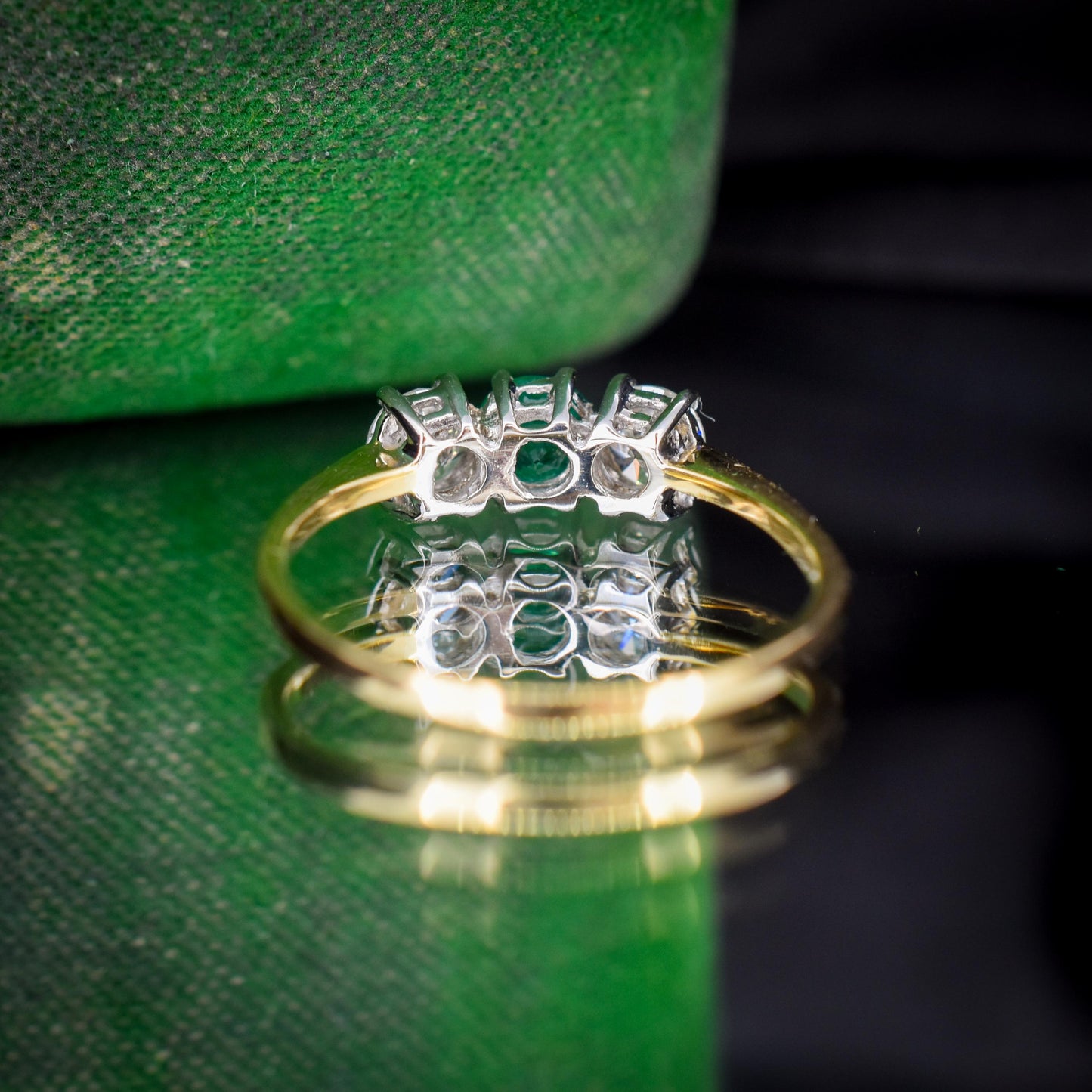 Vintage Emerald and Diamond Three Stone 18ct Gold Ring | 0.50ct Diamond
