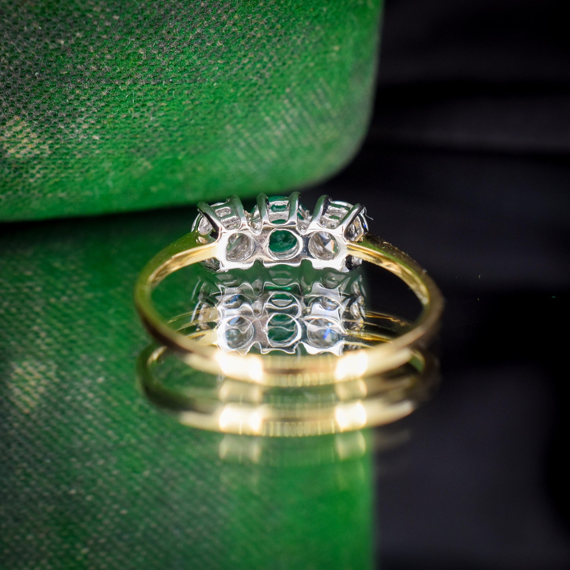 Vintage Emerald and Diamond Three Stone 18ct Gold Ring | 0.50ct Diamond