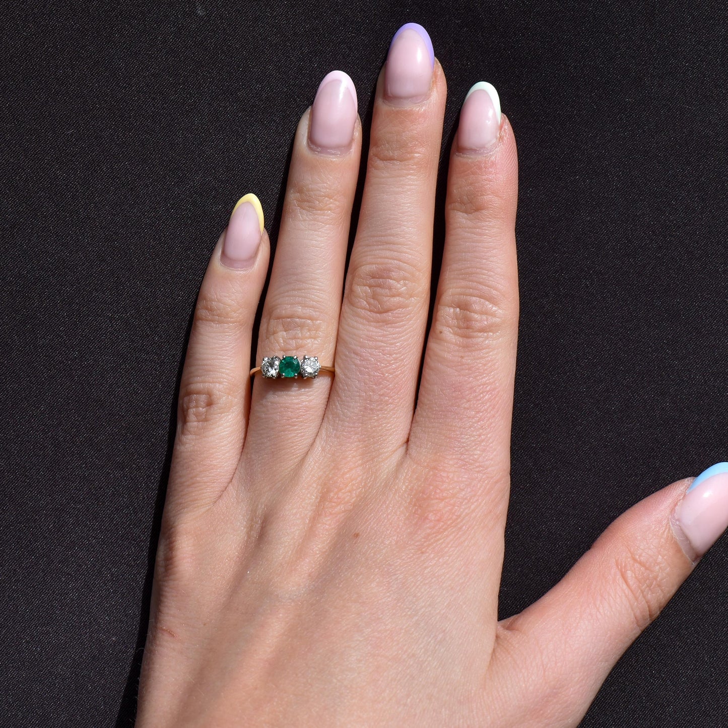 Vintage Emerald and Diamond Three Stone 18ct Gold Ring | 0.50ct Diamond