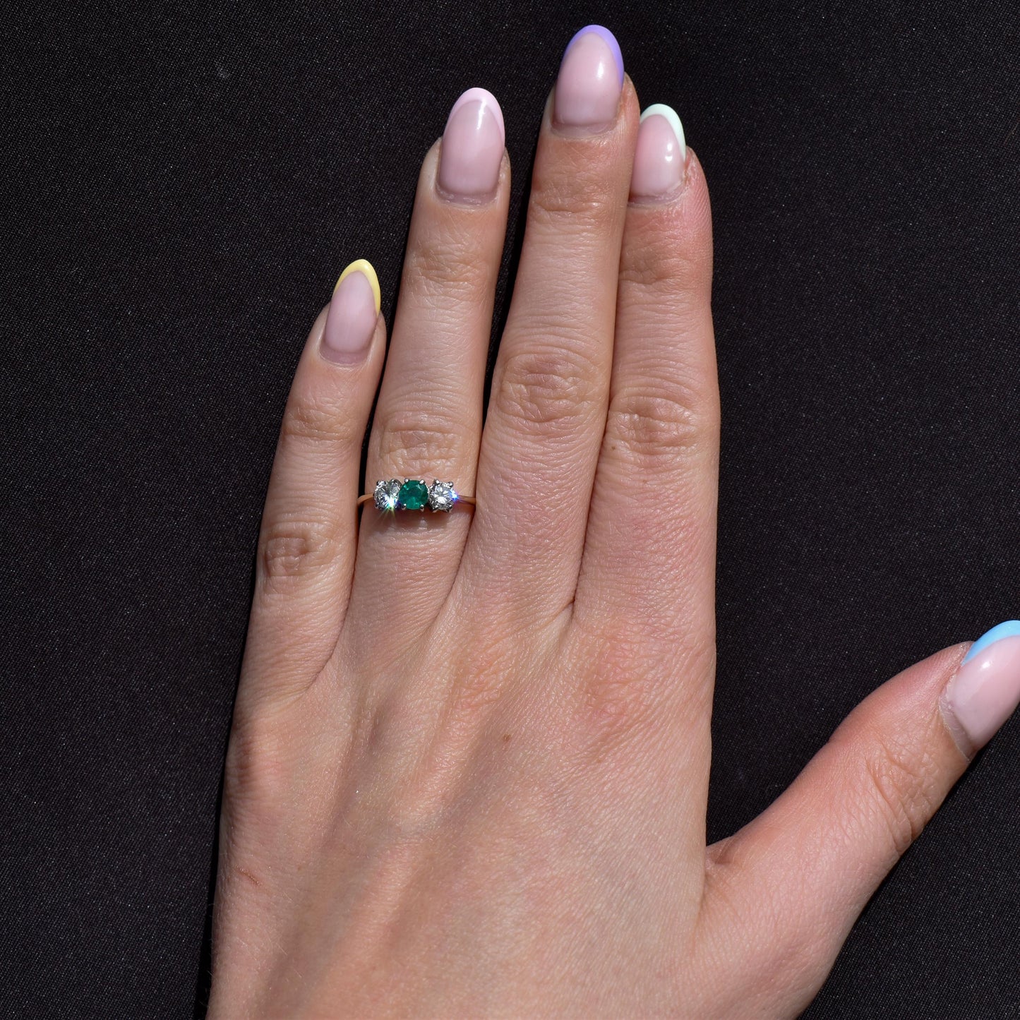 Vintage Emerald and Diamond Three Stone 18ct Gold Ring | 0.50ct Diamond