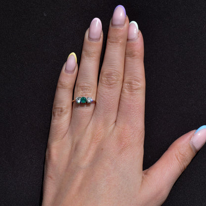 Vintage Emerald and Diamond Three Stone 18ct Gold Ring | 0.50ct Diamond