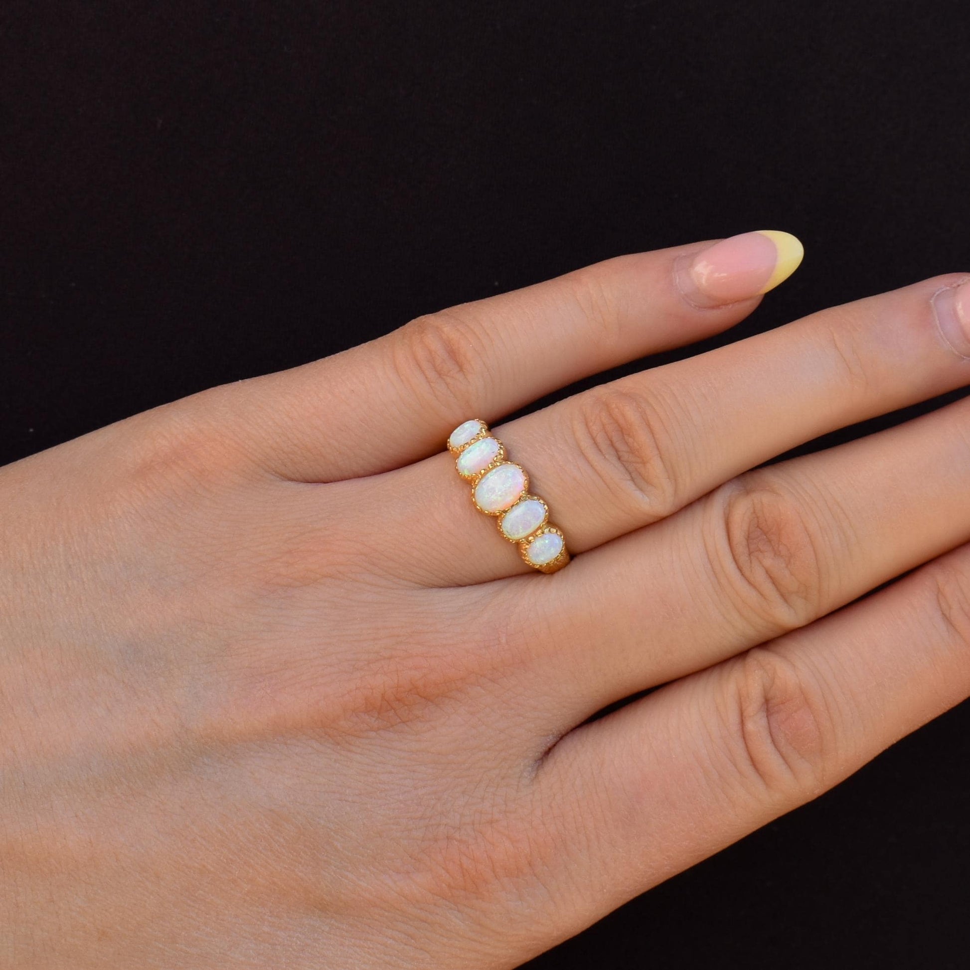 Opal Five Stone Yellow Gold on Silver Ring Band – Antique Style