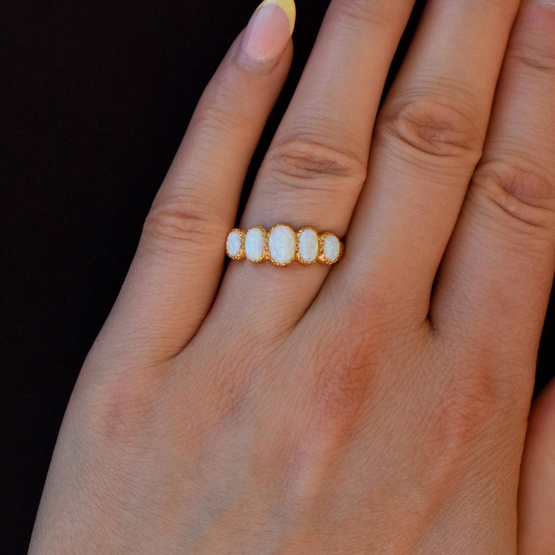 Opal Five Stone Yellow Gold on Silver Ring Band – Antique Style