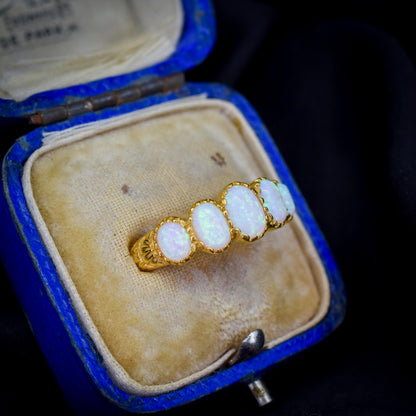 Opal Five Stone Yellow Gold on Silver Ring Band – Antique Style