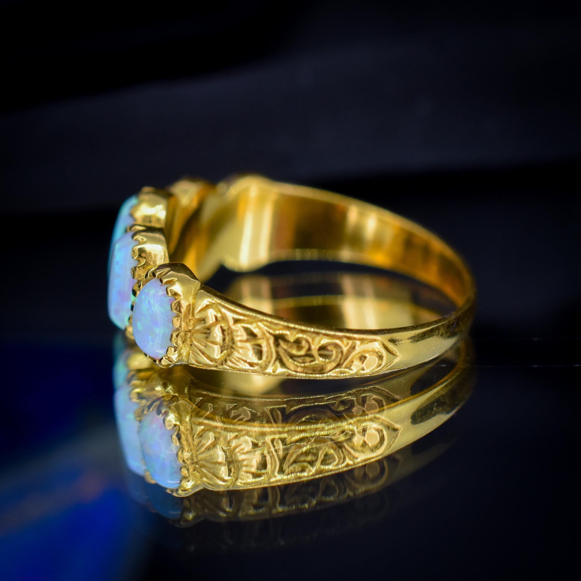 Opal Five Stone Yellow Gold on Silver Ring Band – Antique Style
