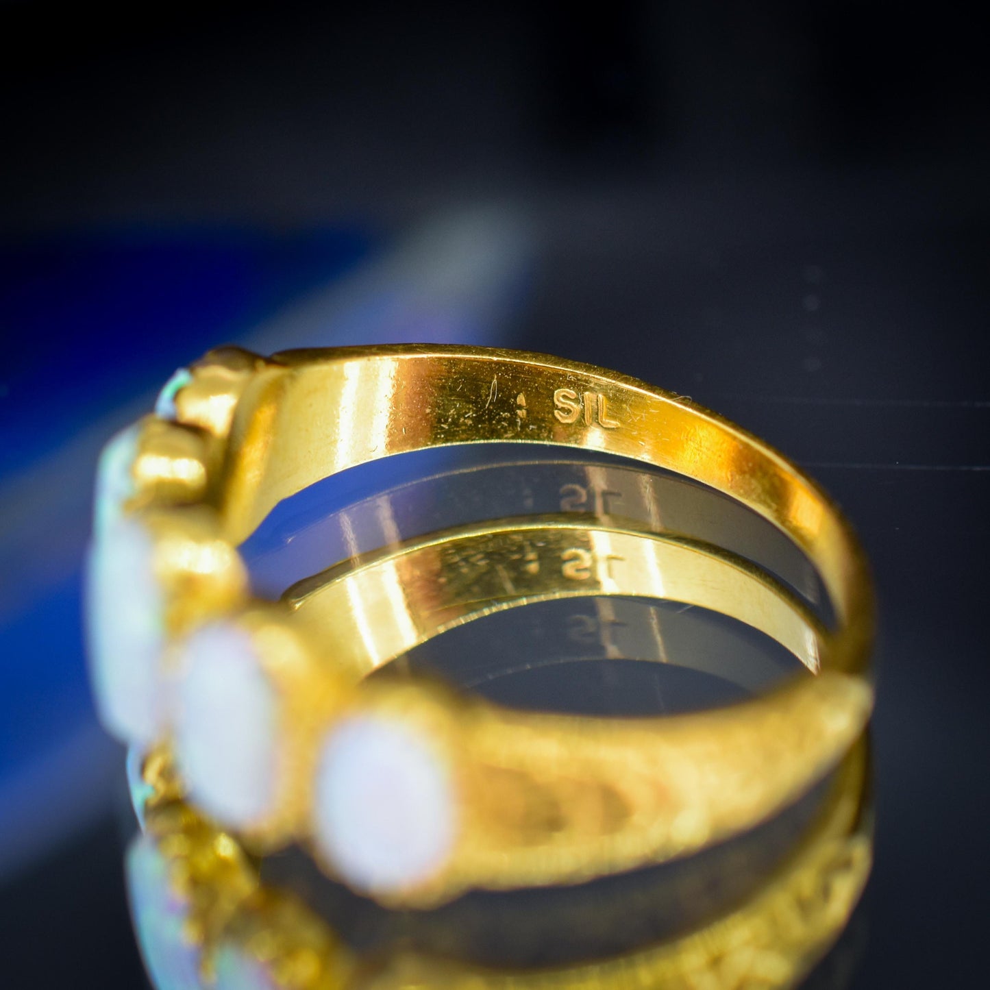 Opal Five Stone Yellow Gold on Silver Ring Band – Antique Style