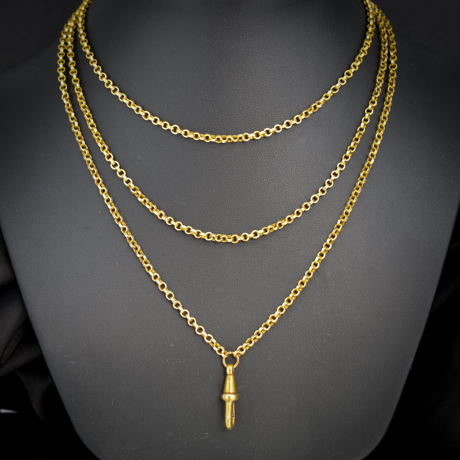 Antique Rolled Gold Rolo Link Guard Chain Necklace with Dog Clip | 54"