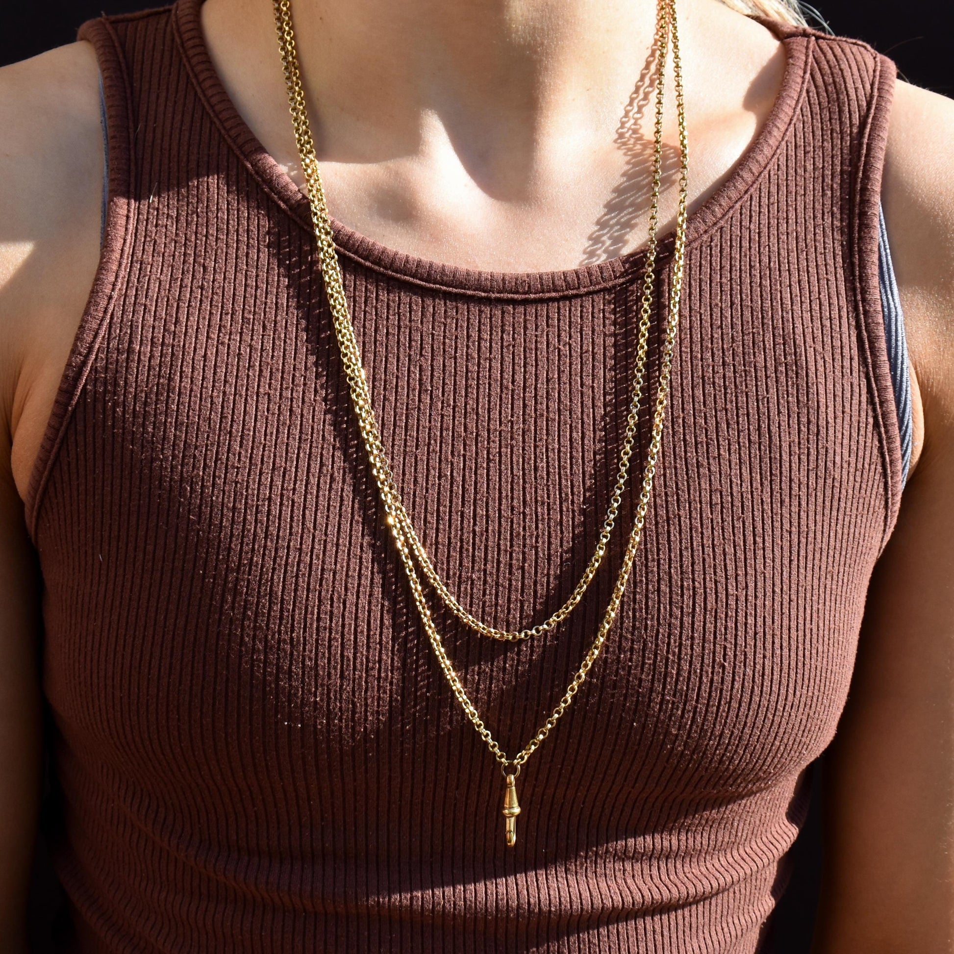 Antique Rolled Gold Rolo Link Guard Chain Necklace with Dog Clip | 54"