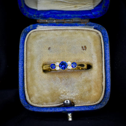 Vintage Blue Sapphire and Diamond Three Stone 18ct Gold Ring