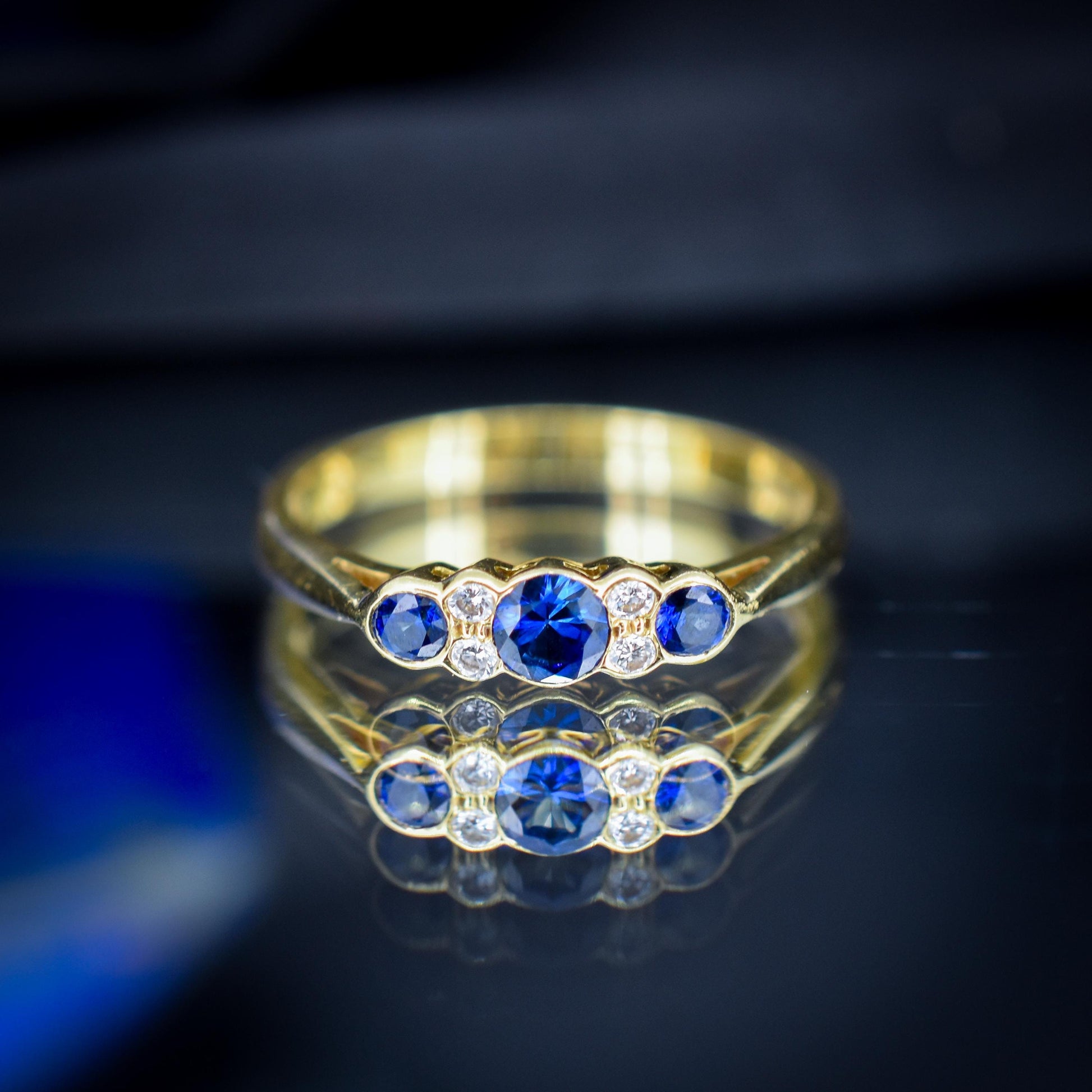 Vintage Blue Sapphire and Diamond Three Stone 18ct Gold Ring
