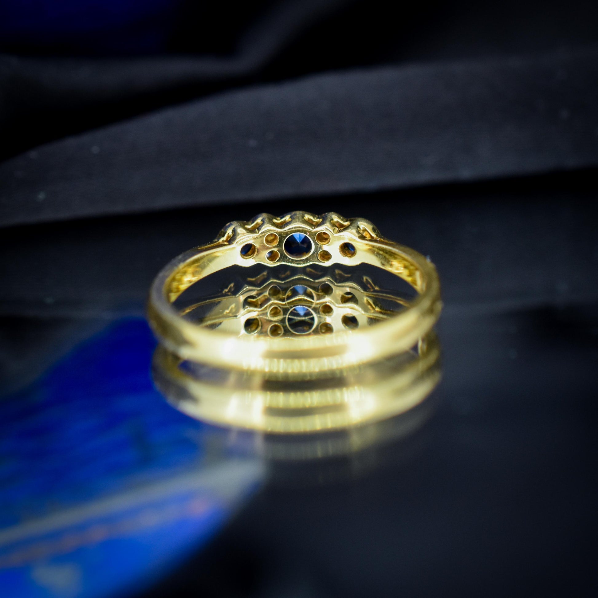 Vintage Blue Sapphire and Diamond Three Stone 18ct Gold Ring