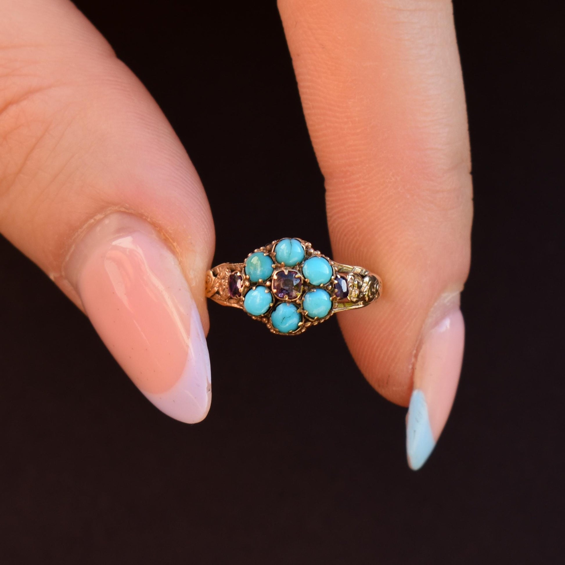 Antique Turquoise and Ruby 15ct Gold Cluster Ring