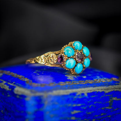 Antique Turquoise and Ruby 15ct Gold Cluster Ring