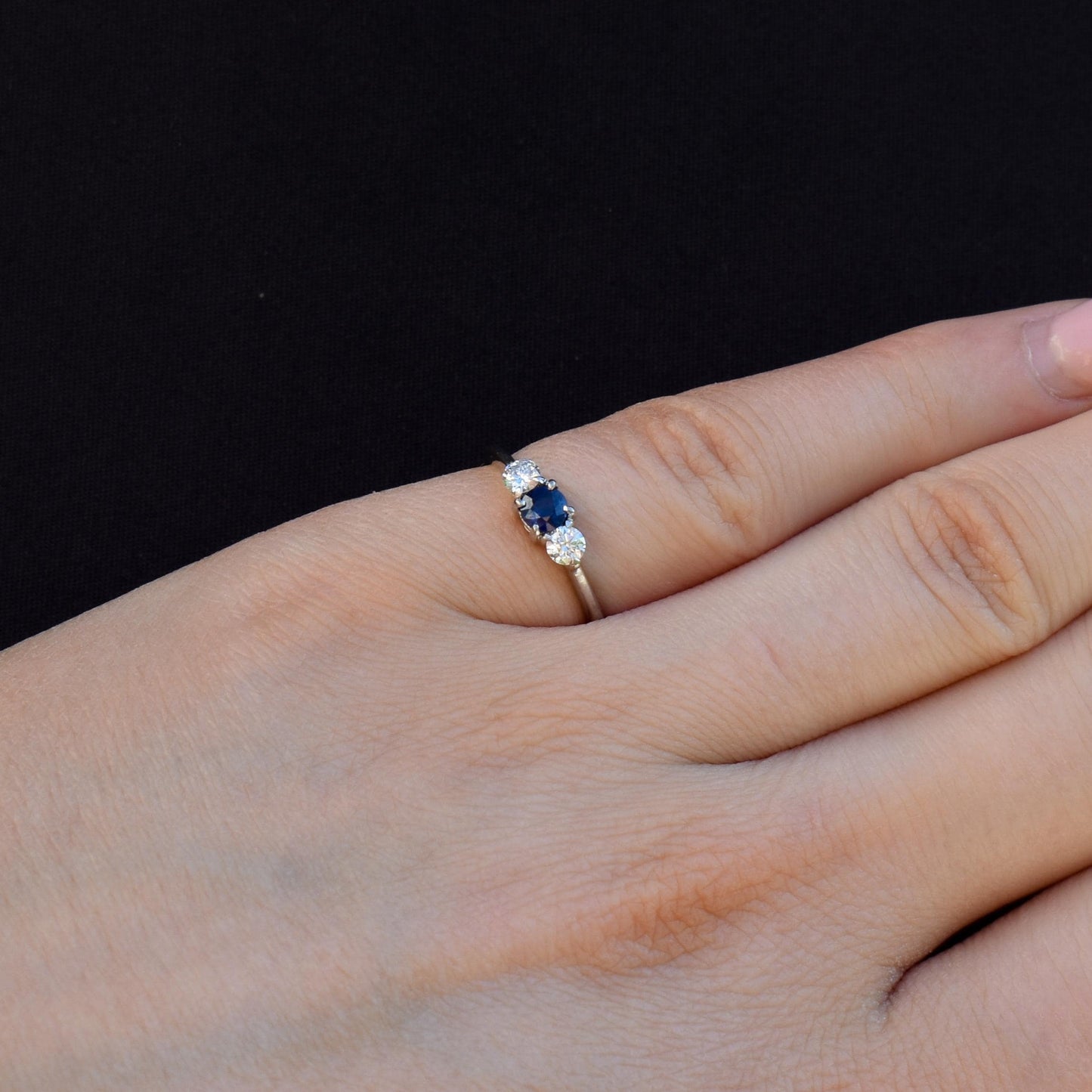 Vintage Three Stone Blue Sapphire and Diamond Trilogy 18ct White Gold Ring