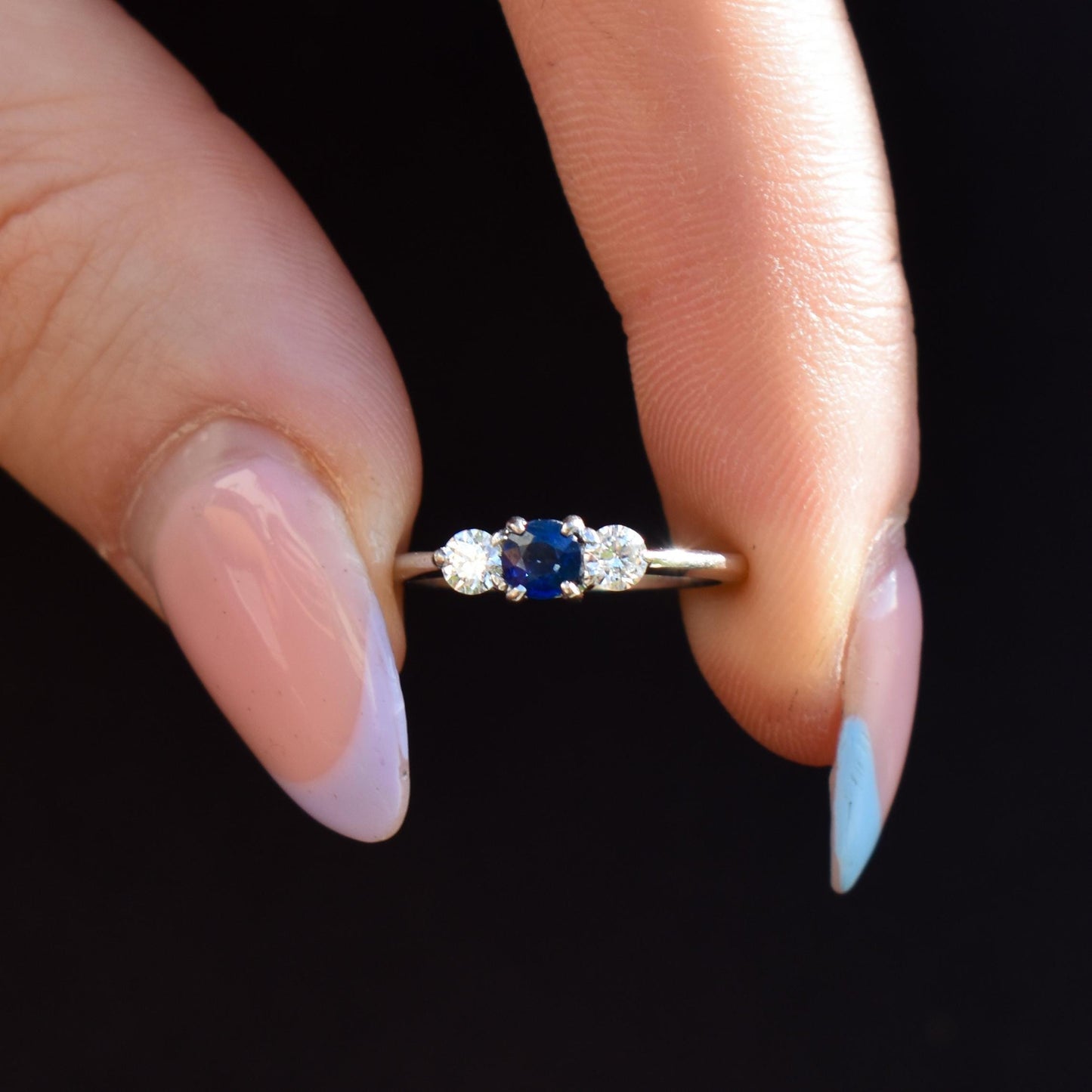 Vintage Three Stone Blue Sapphire and Diamond Trilogy 18ct White Gold Ring