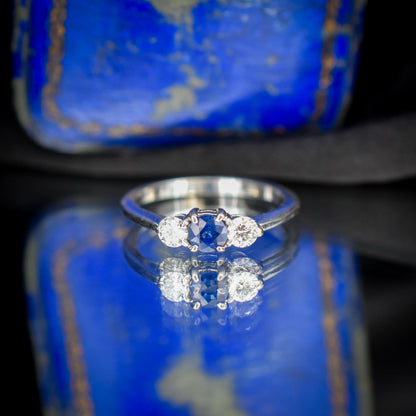Vintage Three Stone Blue Sapphire and Diamond Trilogy 18ct White Gold Ring