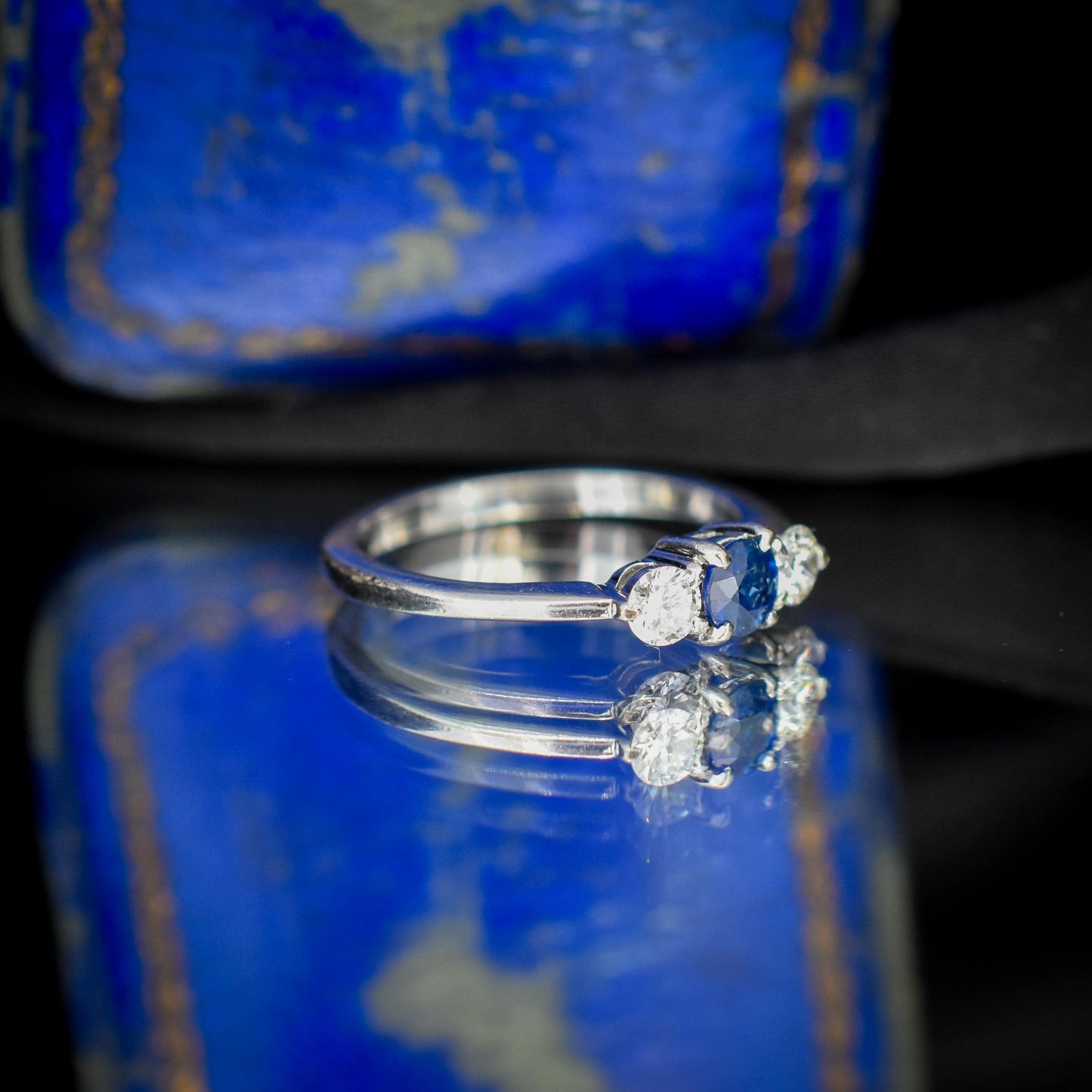 Vintage Three Stone Blue Sapphire and Diamond Trilogy 18ct White Gold Ring