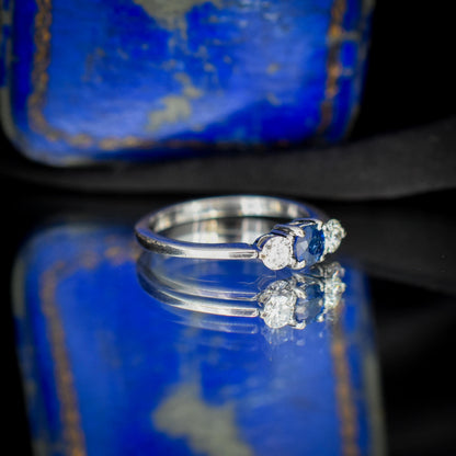 Vintage Three Stone Blue Sapphire and Diamond Trilogy 18ct White Gold Ring