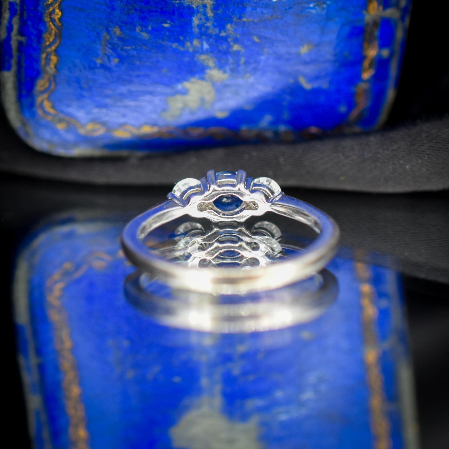 Vintage Three Stone Blue Sapphire and Diamond Trilogy 18ct White Gold Ring