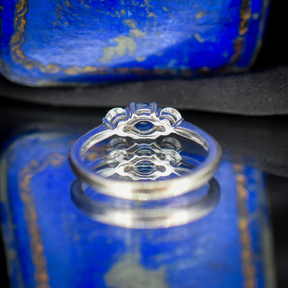 Vintage Three Stone Blue Sapphire and Diamond Trilogy 18ct White Gold Ring