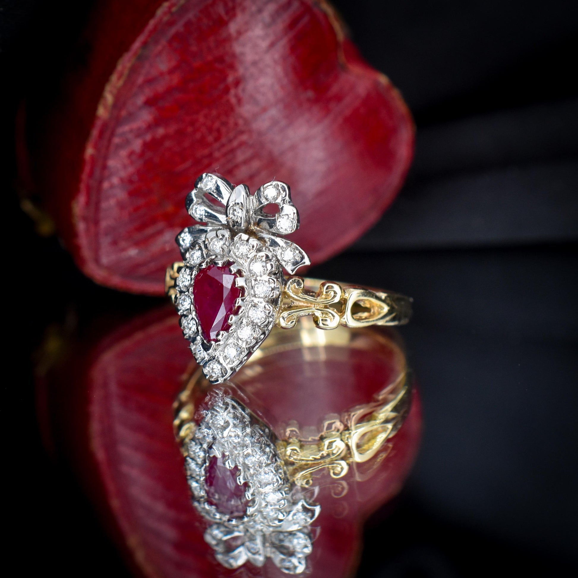 Ruby and Diamond Heart Bow 9ct Yellow Gold Ring | Antique Style