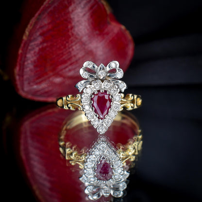 Ruby and Diamond Heart Bow 9ct Yellow Gold Ring | Antique Style