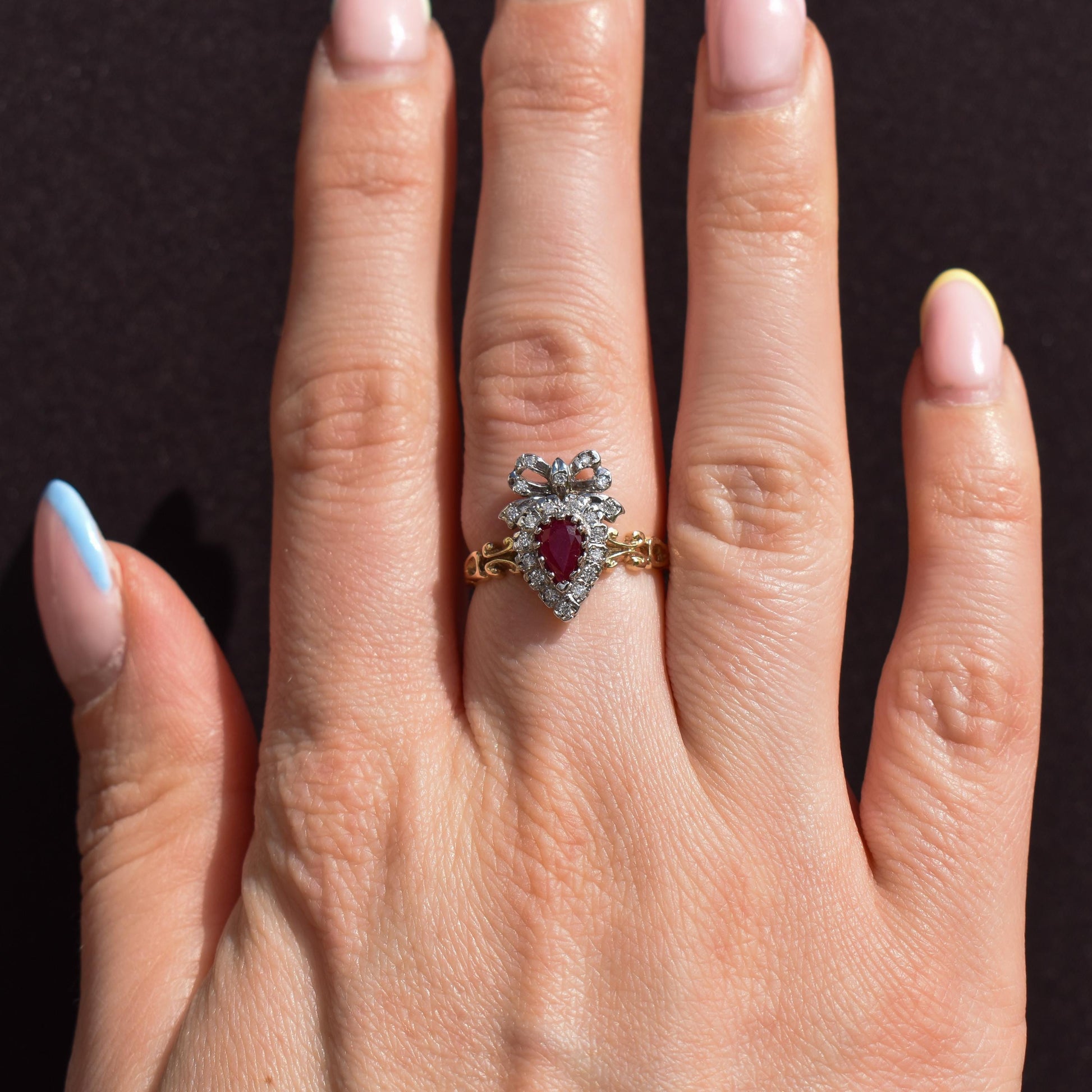 Ruby and Diamond Heart Bow 9ct Yellow Gold Ring | Antique Style