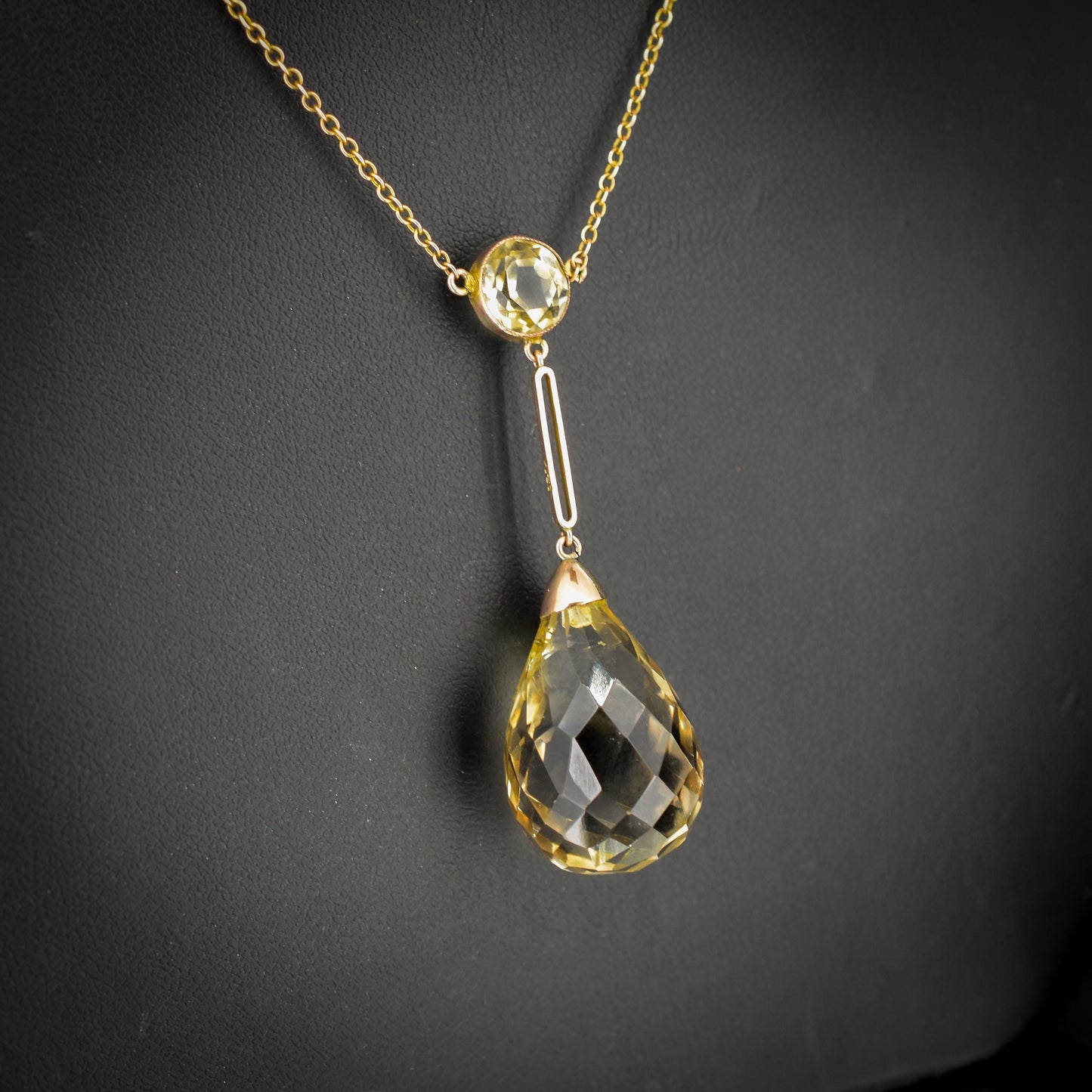 Antique Briolette Cut Citrine Gold Drop Pendant Necklace | 16.5"