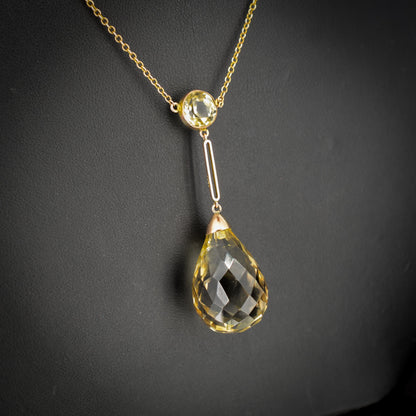 Antique Briolette Cut Citrine Gold Drop Pendant Necklace | 16.5"