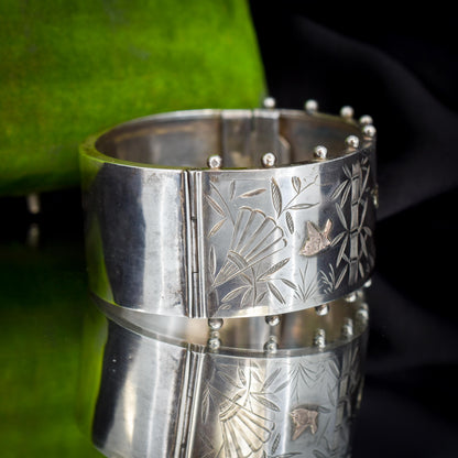 Antique Victorian Studded Silver and Gold Bird Bamboo Cuff Bangle Bracelet