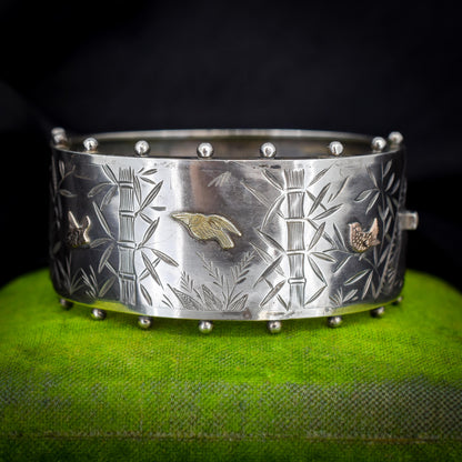 Antique Victorian Studded Silver and Gold Bird Bamboo Cuff Bangle Bracelet