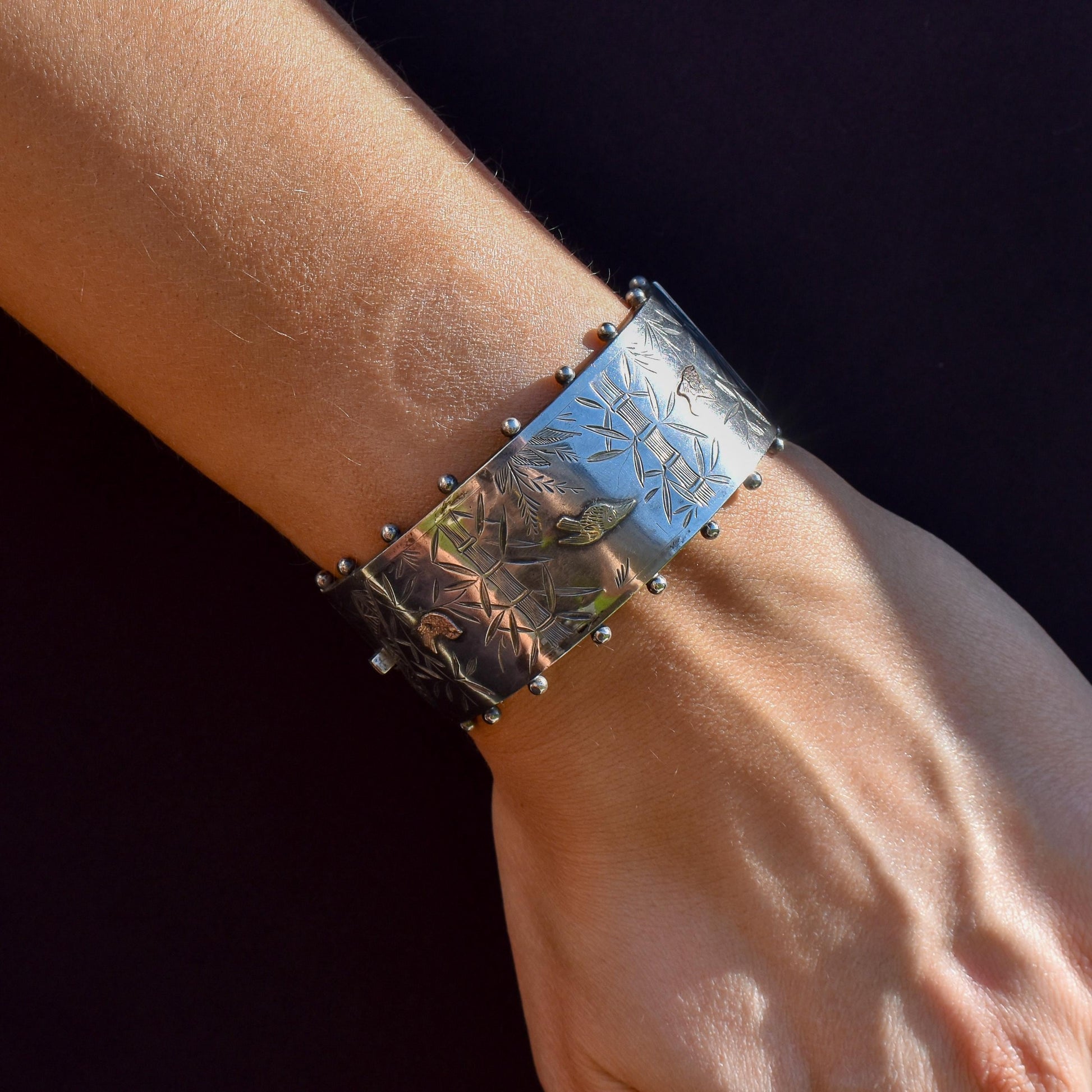 Antique Victorian Studded Silver and Gold Bird Bamboo Cuff Bangle Bracelet