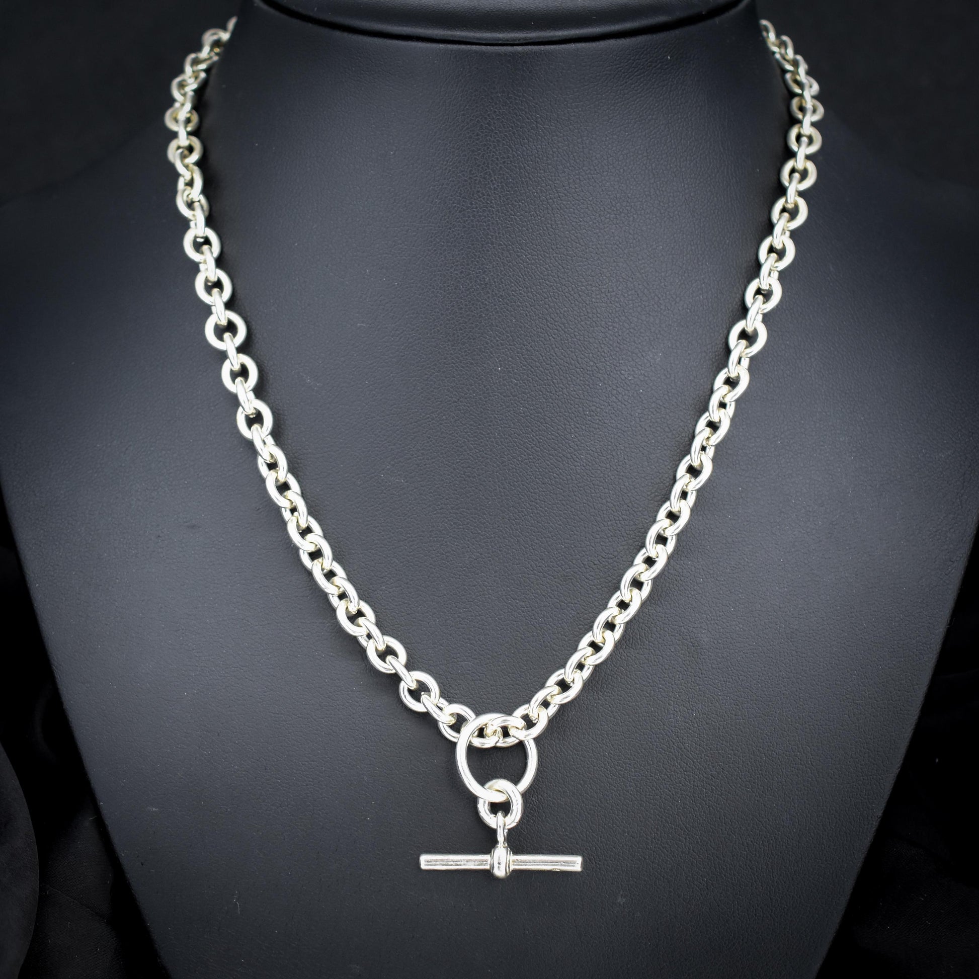 Vintage Sterling Silver Cable Link Watch Chain Necklace with T-Bar and Dog Clips – 19"