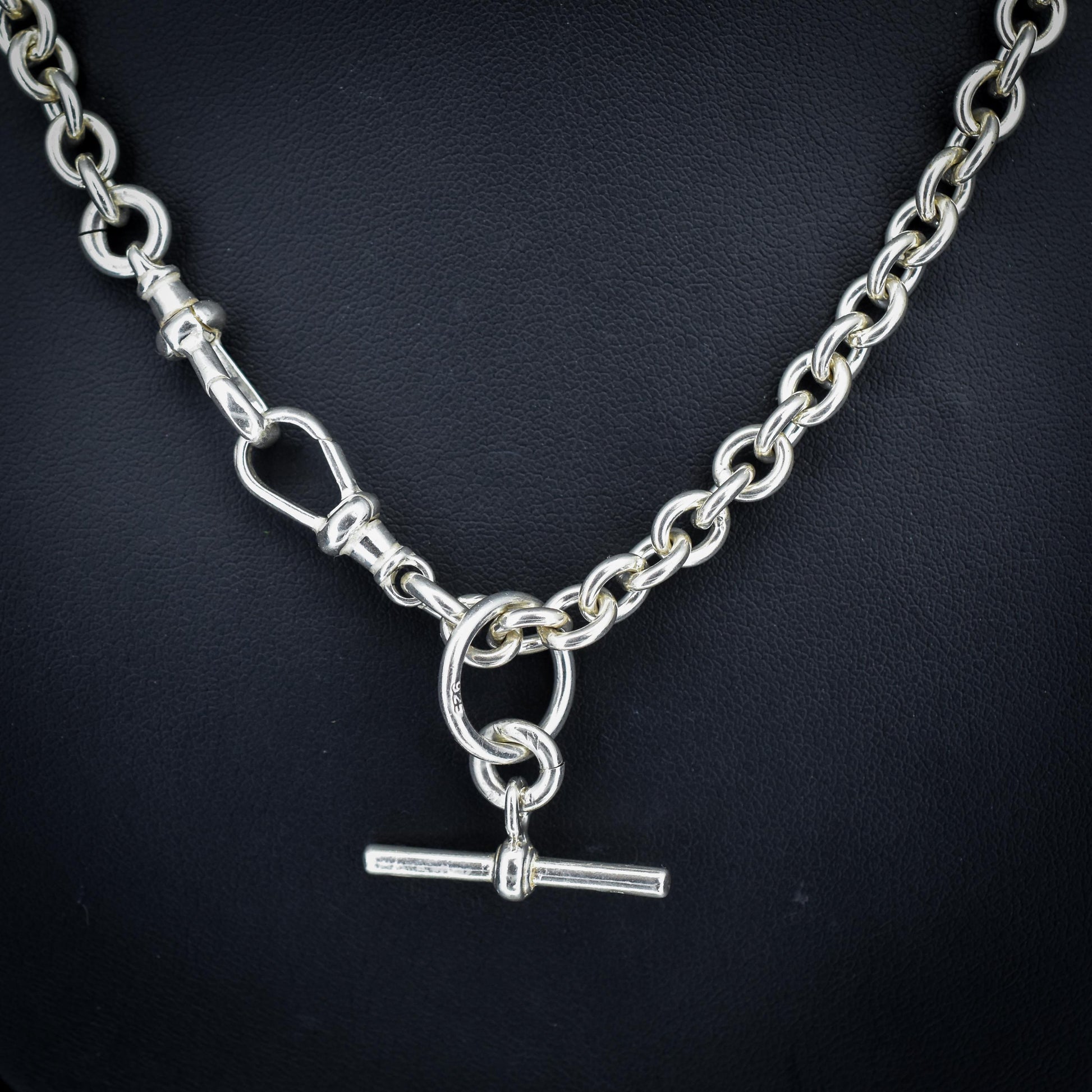 Vintage Sterling Silver Cable Link Watch Chain Necklace with T-Bar and Dog Clips – 19"