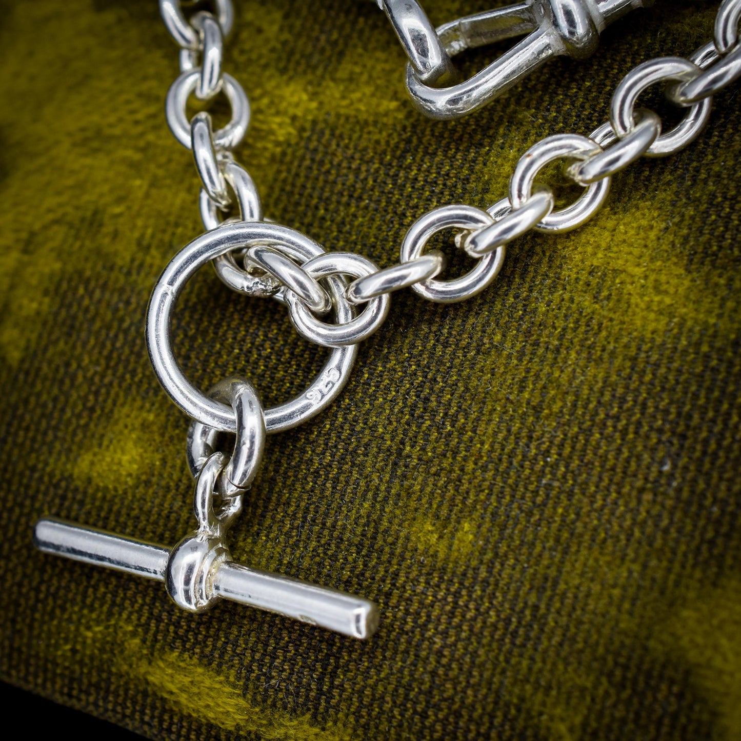 Vintage Sterling Silver Cable Link Watch Chain Necklace with T-Bar and Dog Clips – 19"