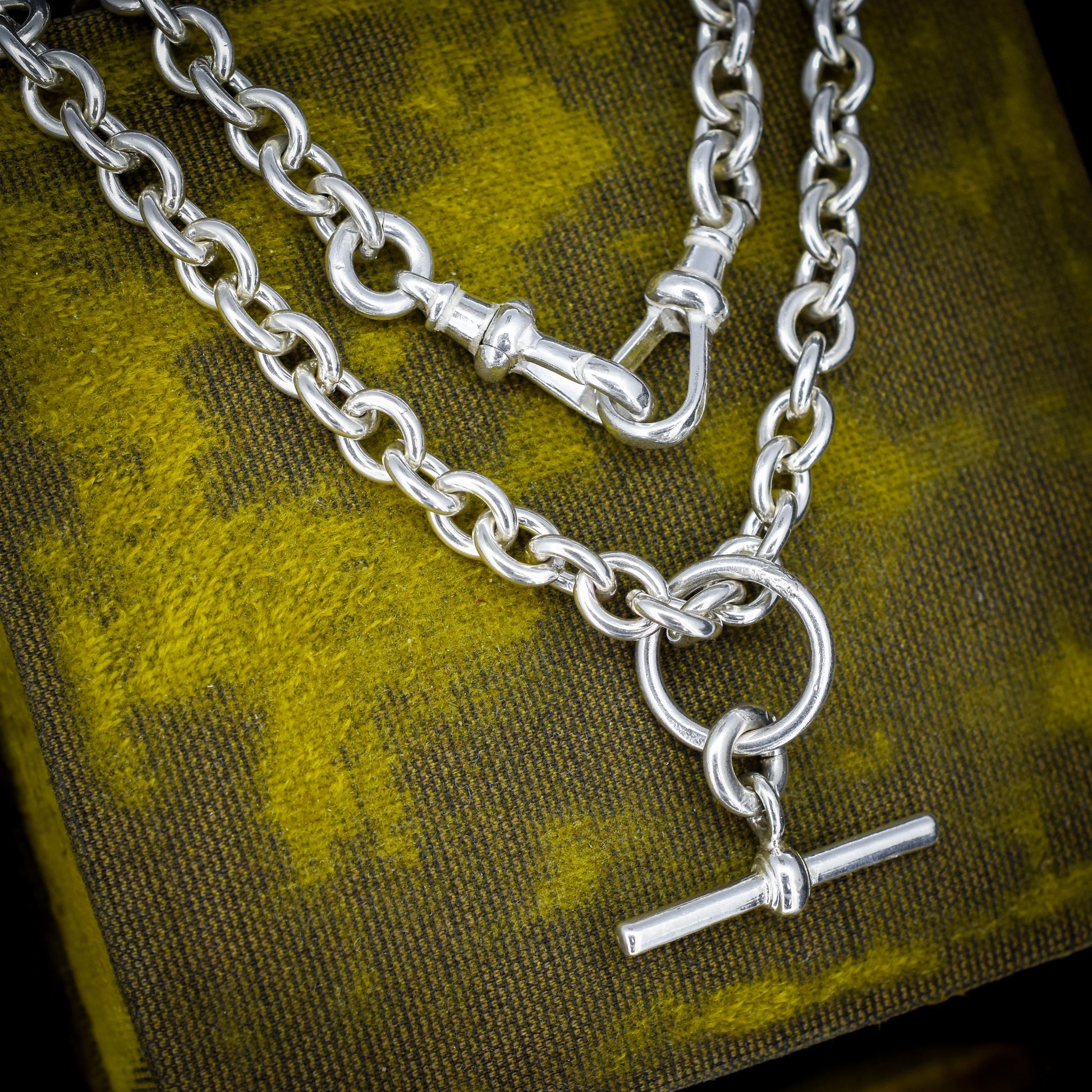 Vintage Sterling Silver Cable Link Watch Chain Necklace with T-Bar and Dog Clips – 19"