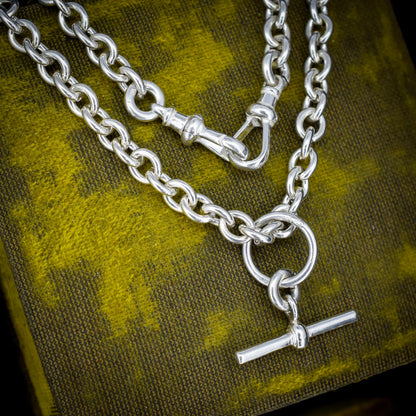 Vintage Sterling Silver Cable Link Watch Chain Necklace with T-Bar and Dog Clips – 19"