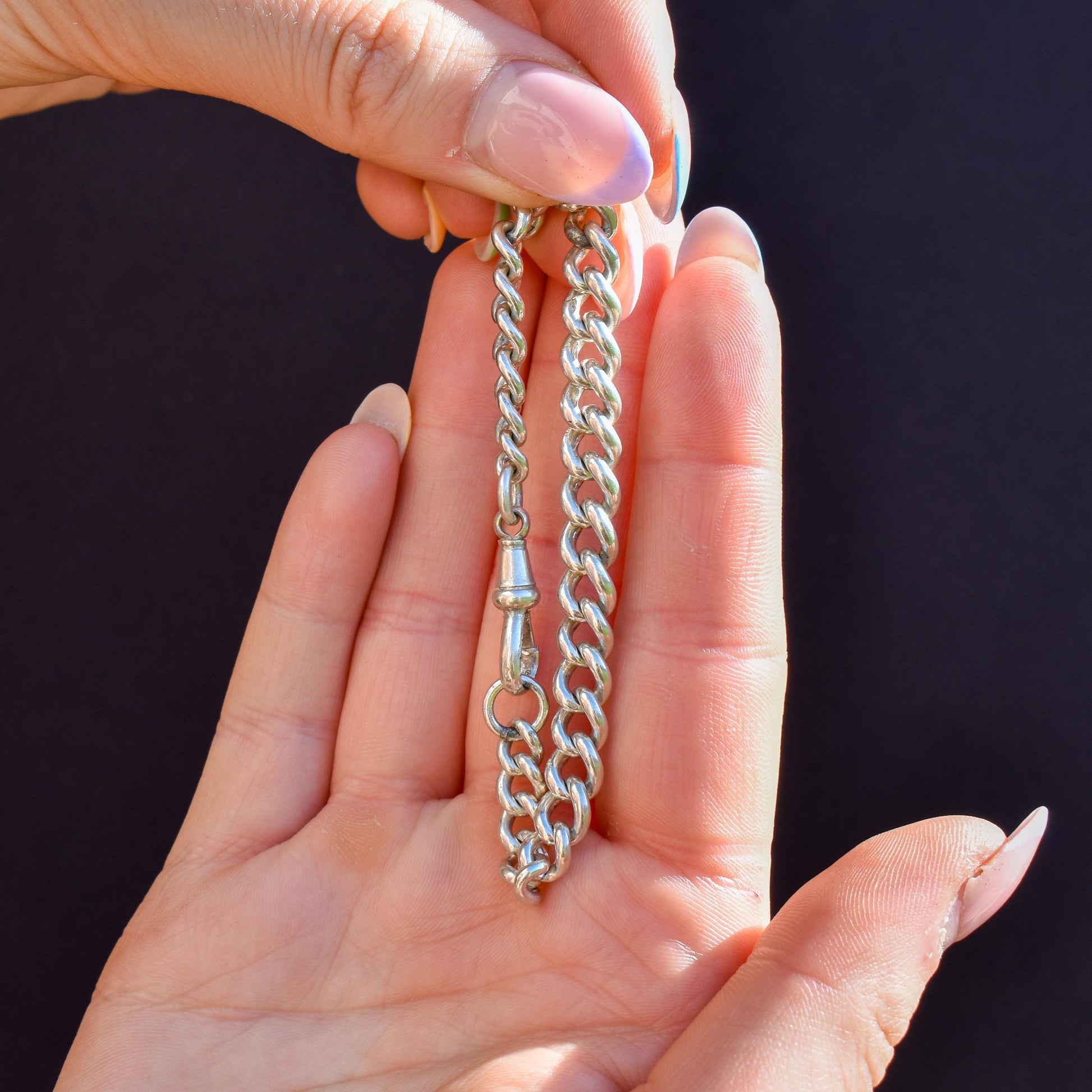 Antique Graduated Curb Sterling Silver Bracelet with Dog Clip | 7.25"
