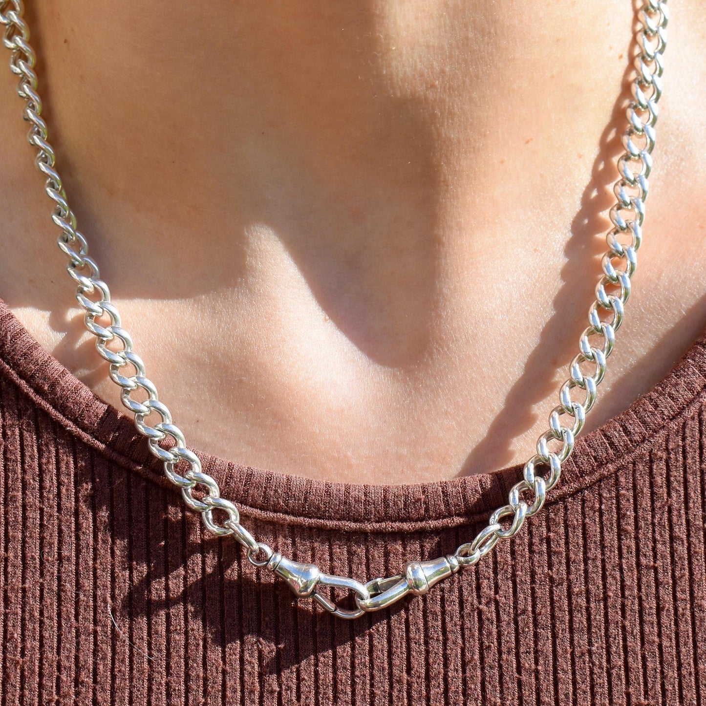 Antique Sterling Silver Curb Double Dog Clip Chain Necklace | 19.5"