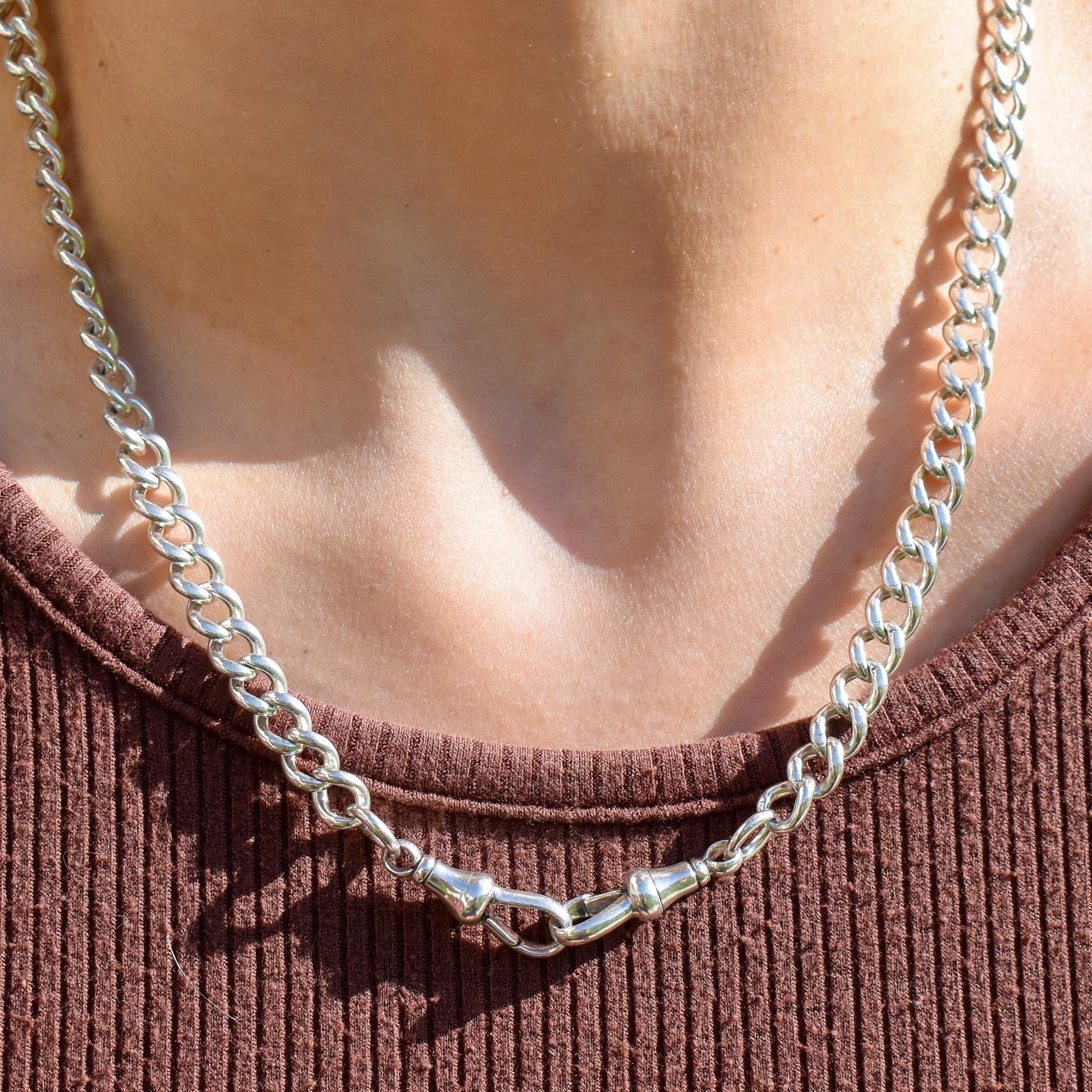 Antique Sterling Silver Curb Double Dog Clip Chain Necklace | 19.5"