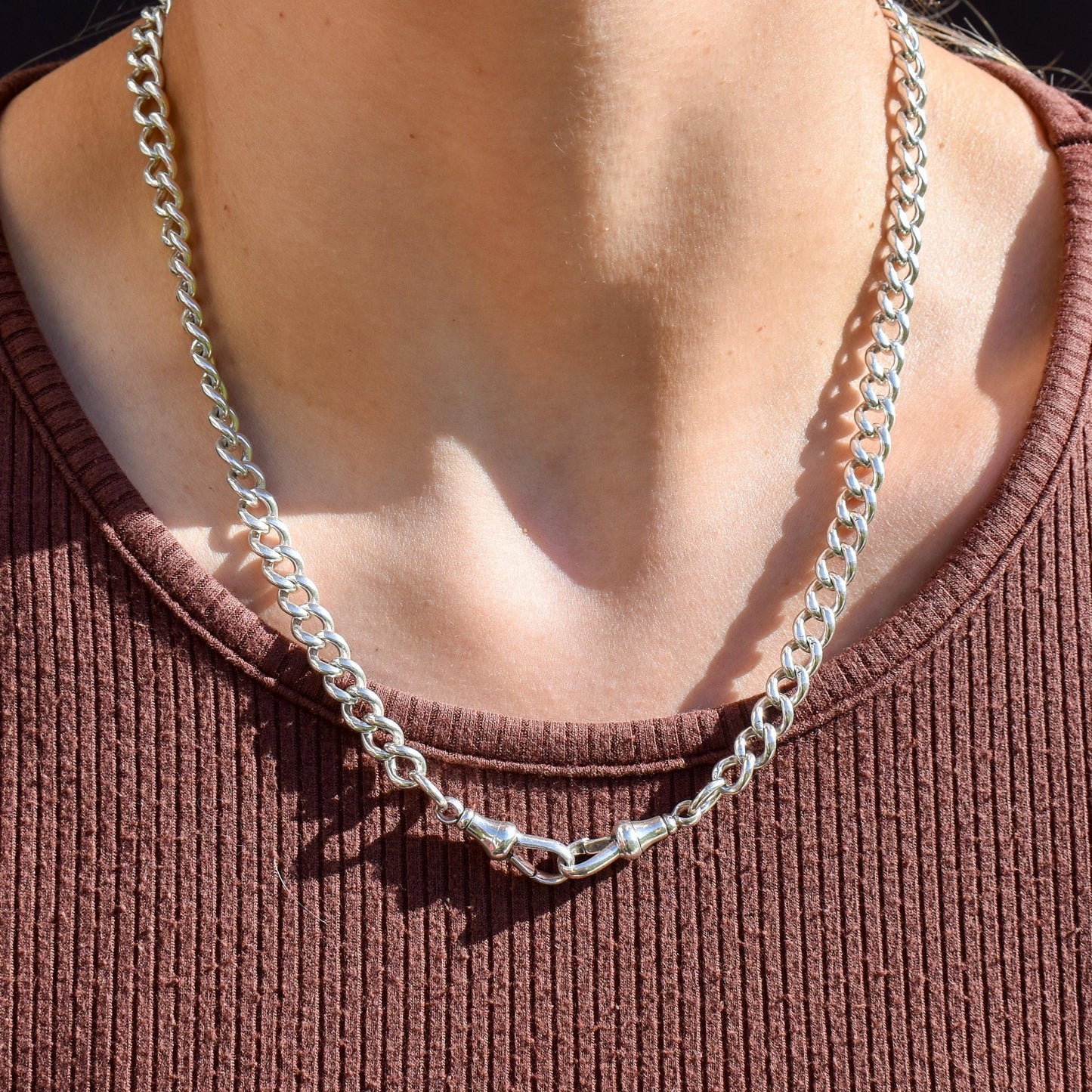 Antique Sterling Silver Curb Double Dog Clip Chain Necklace | 19.5"