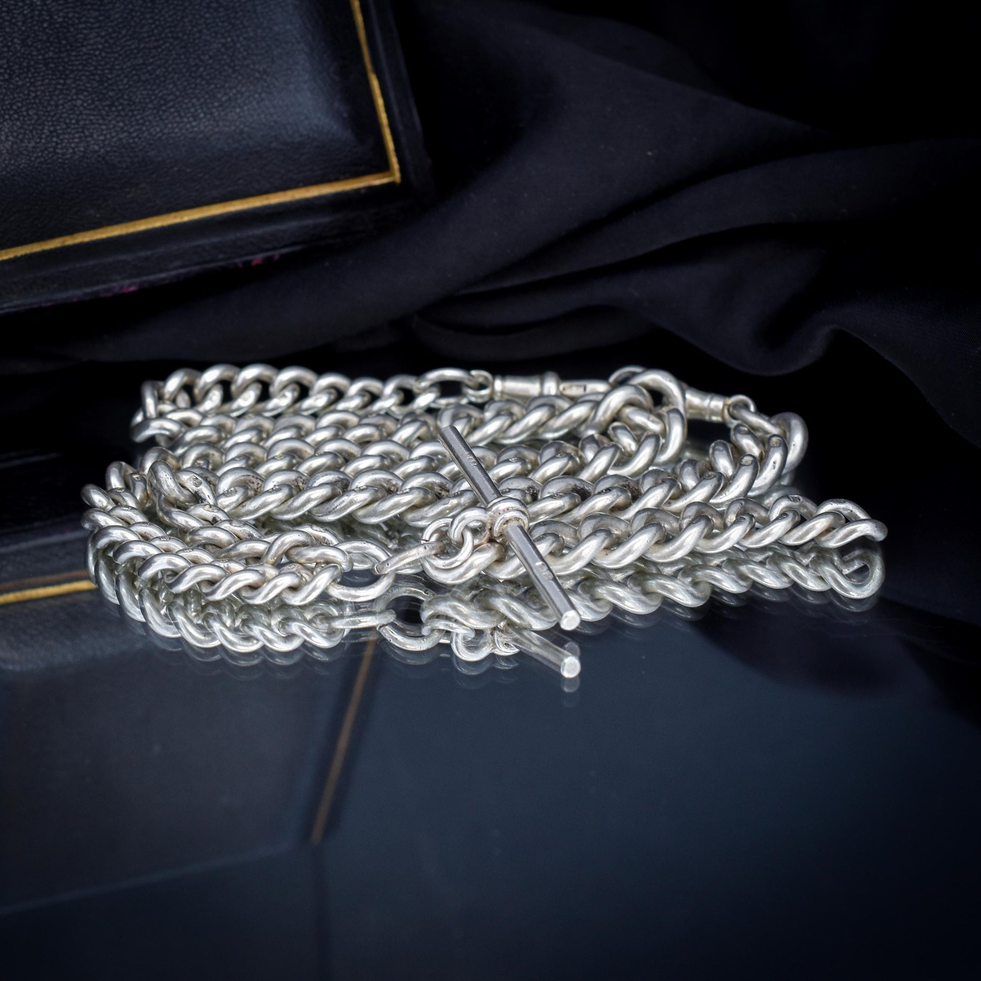 Antique 100g Sterling Silver Curb Link Albert Watch Chain Necklace | 17"